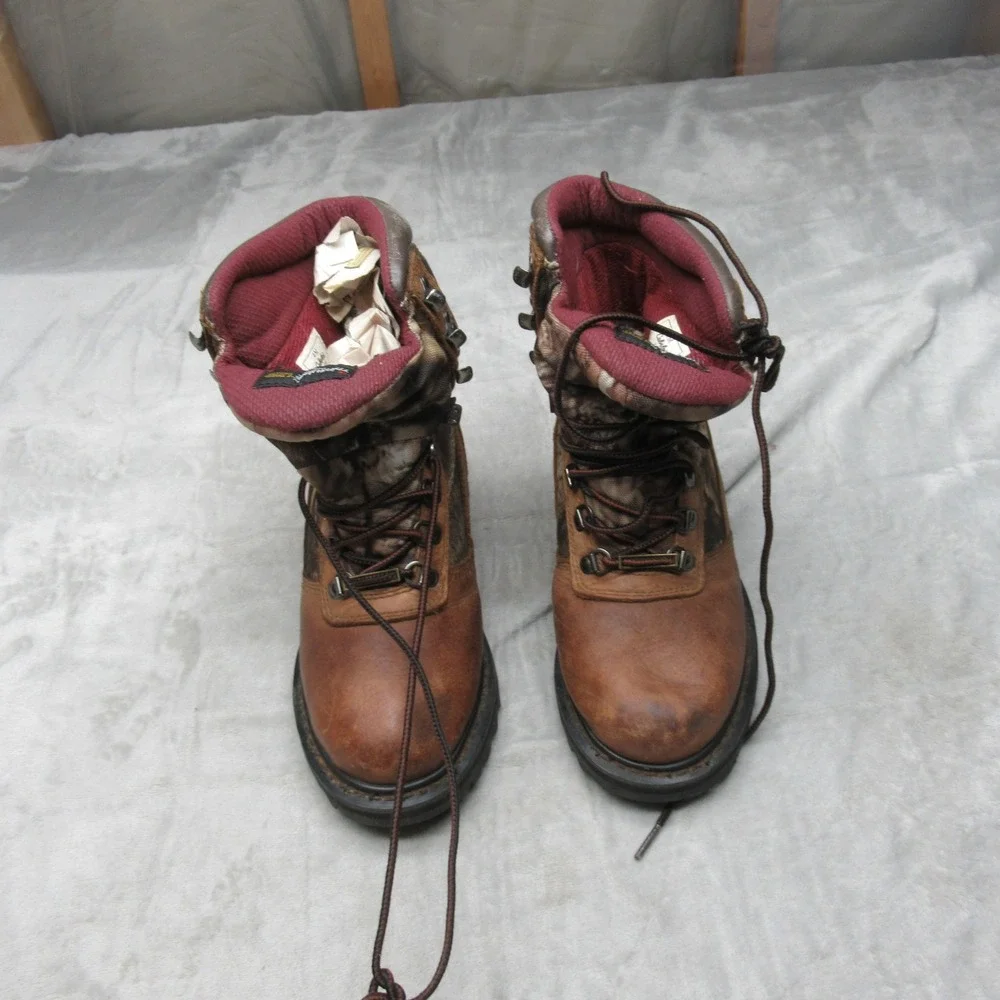 Cabelas Youth Hunting Boots 4M‎ Brown Camo Leather Insulated Outdoor Waterproof
